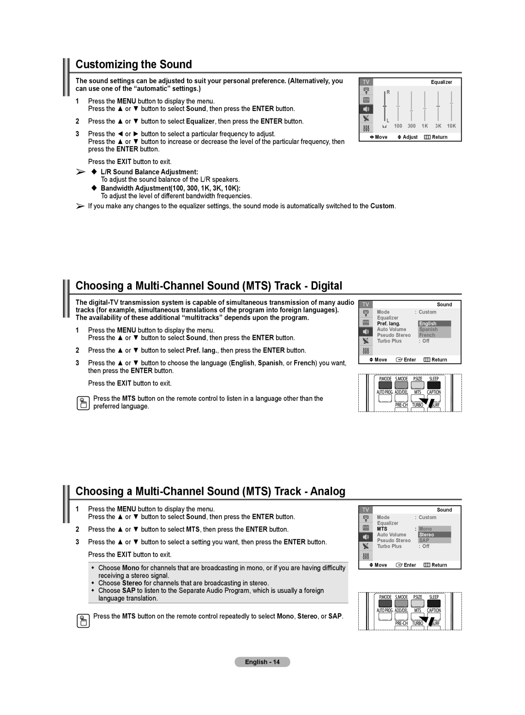 Samsung TX-T2085, TX-T2782, TX-T2082 specifications Customizing the Sound, Choosing a Multi-Channel Sound MTS Track Digital 