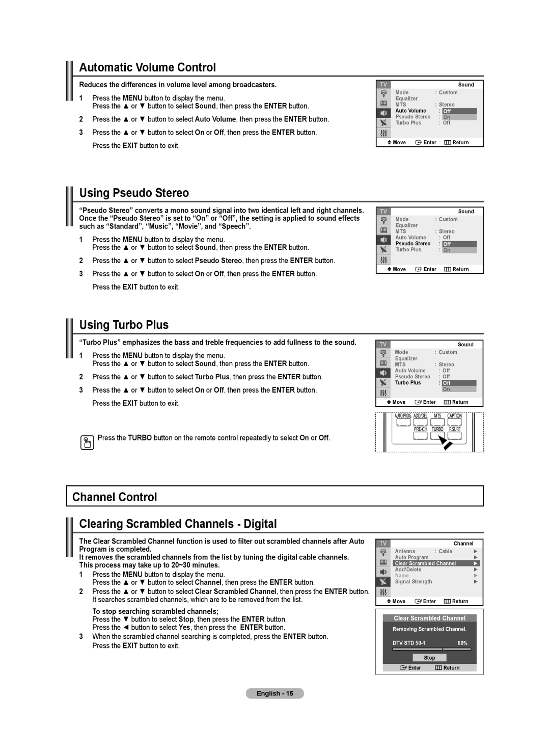 Samsung TX-T2782, TX-T2085, TX-T2082 specifications Automatic Volume Control, Using Pseudo Stereo, Using Turbo Plus 