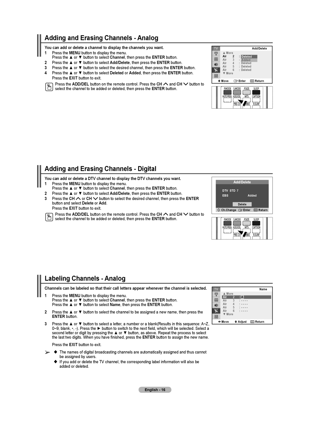 Samsung TX-T2082 Adding and Erasing Channels Analog, Adding and Erasing Channels Digital, Labeling Channels Analog 