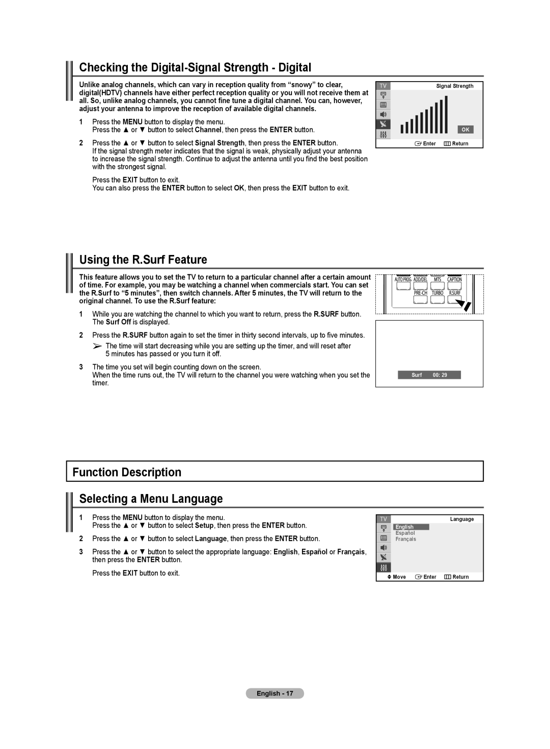 Samsung TX-T2085, TX-T2782, TX-T2082 specifications Checking the Digital-Signal Strength Digital, Using the R.Surf Feature 