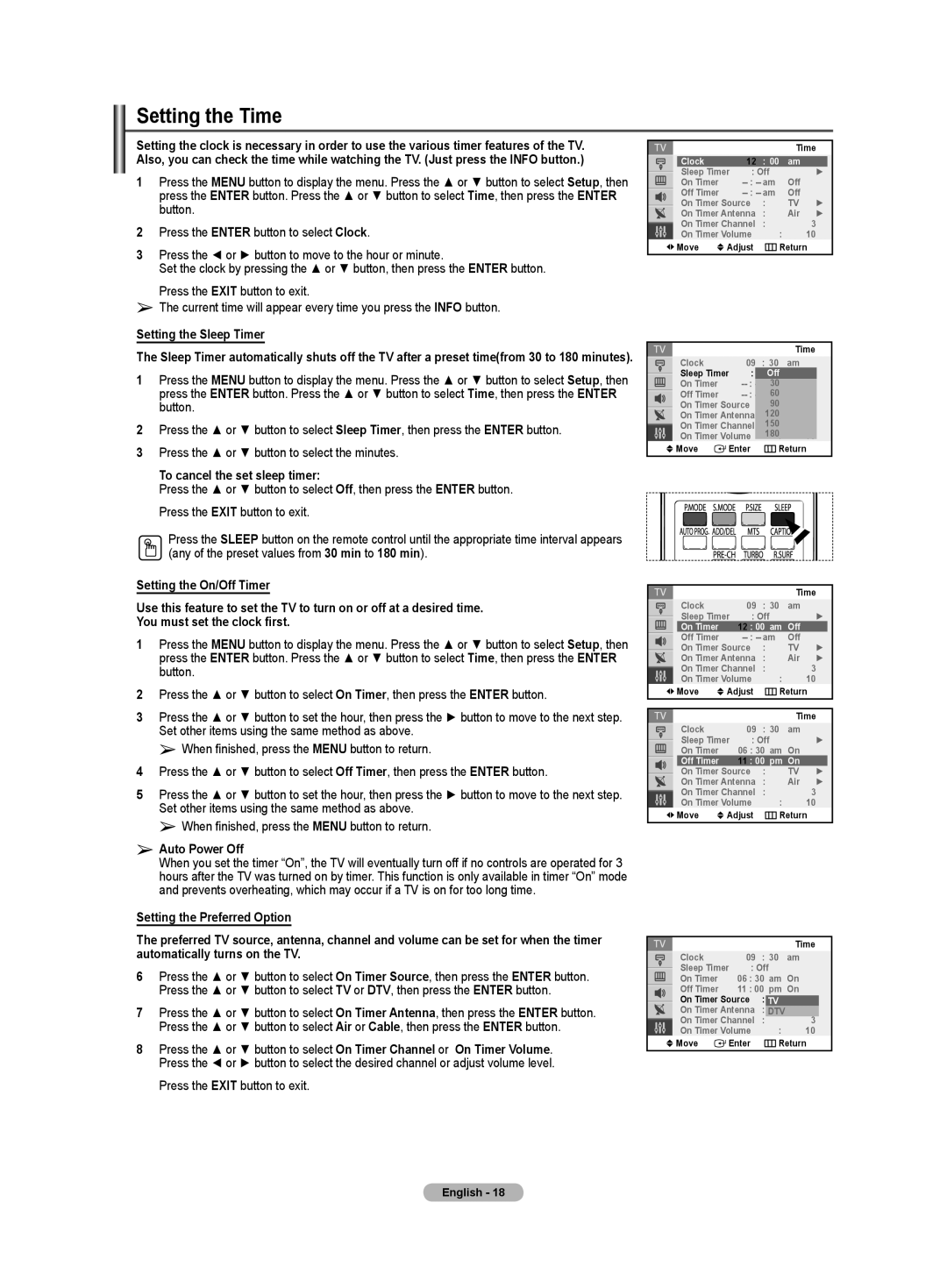 Samsung TX-T2782, TX-T2085 Setting the Time, Setting the Sleep Timer, To cancel the set sleep timer, Auto Power Off 