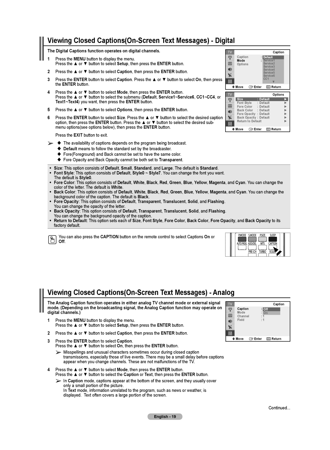 Samsung TX-T2082, TX-T2085, TX-T2782 specifications Viewing Closed CaptionsOn-Screen Text Messages Digital, Off, Size Default 