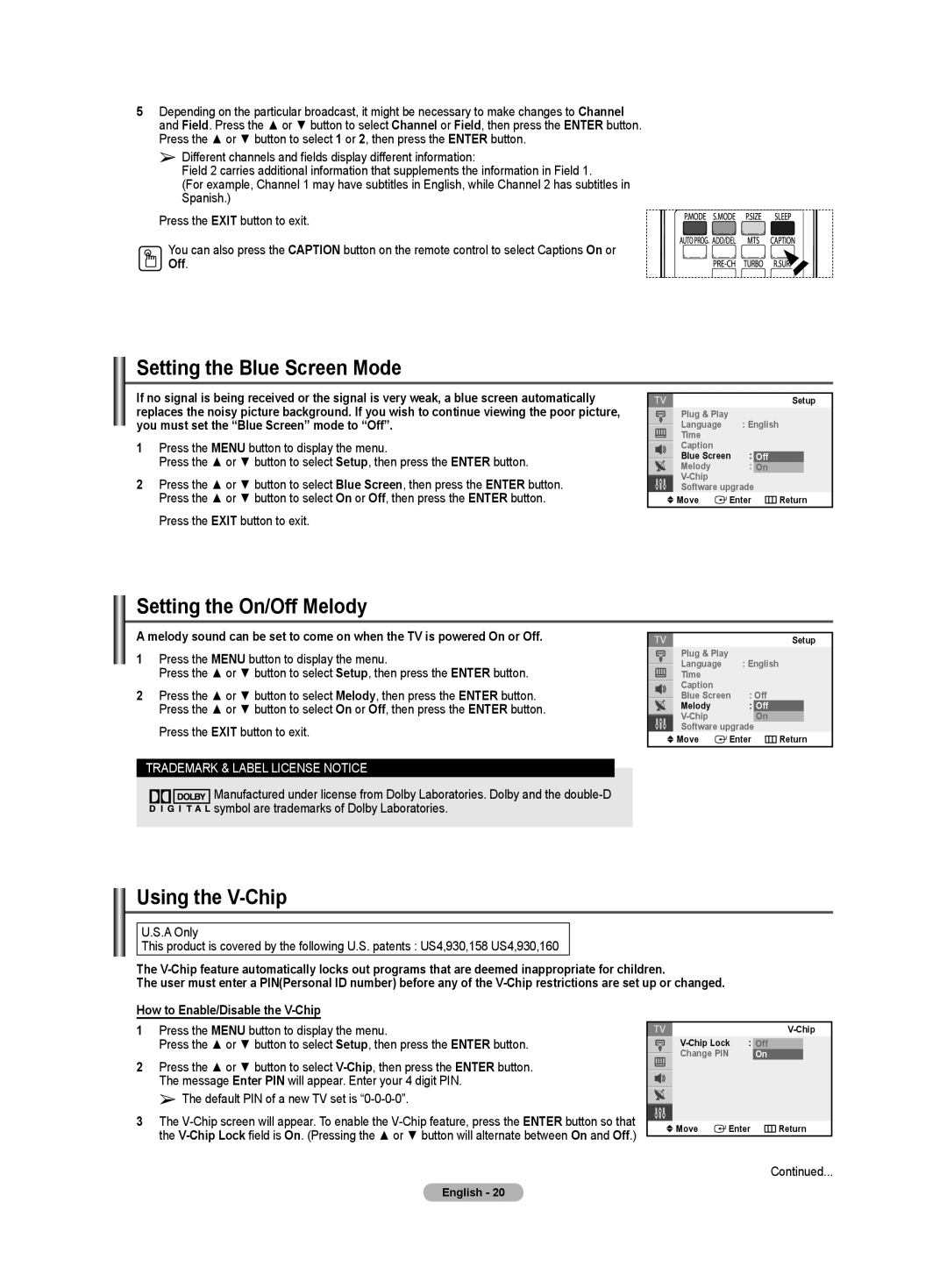 Samsung TX-T2085 Setting the Blue Screen Mode, Setting the On/Off Melody, Using the V-Chip, Default PIN of a new TV set is 