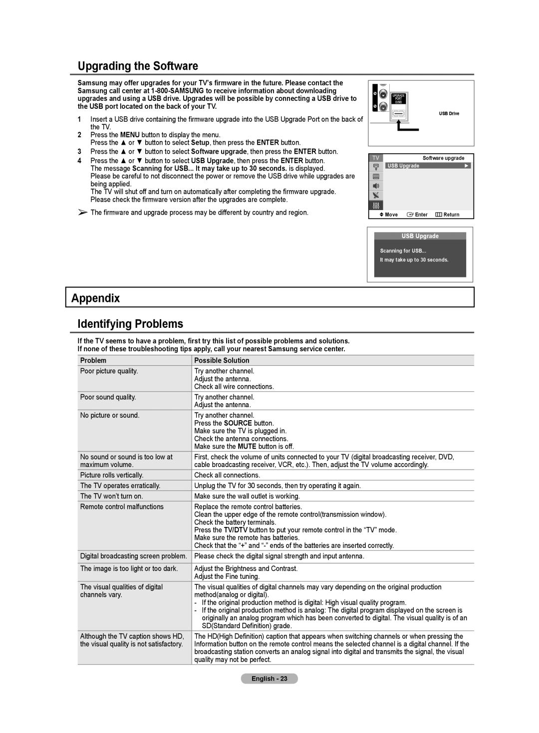 Samsung TX-T2085, TX-T2782, TX-T2082 Upgrading the Software, Appendix Identifying Problems, SDStandard Definition grade 