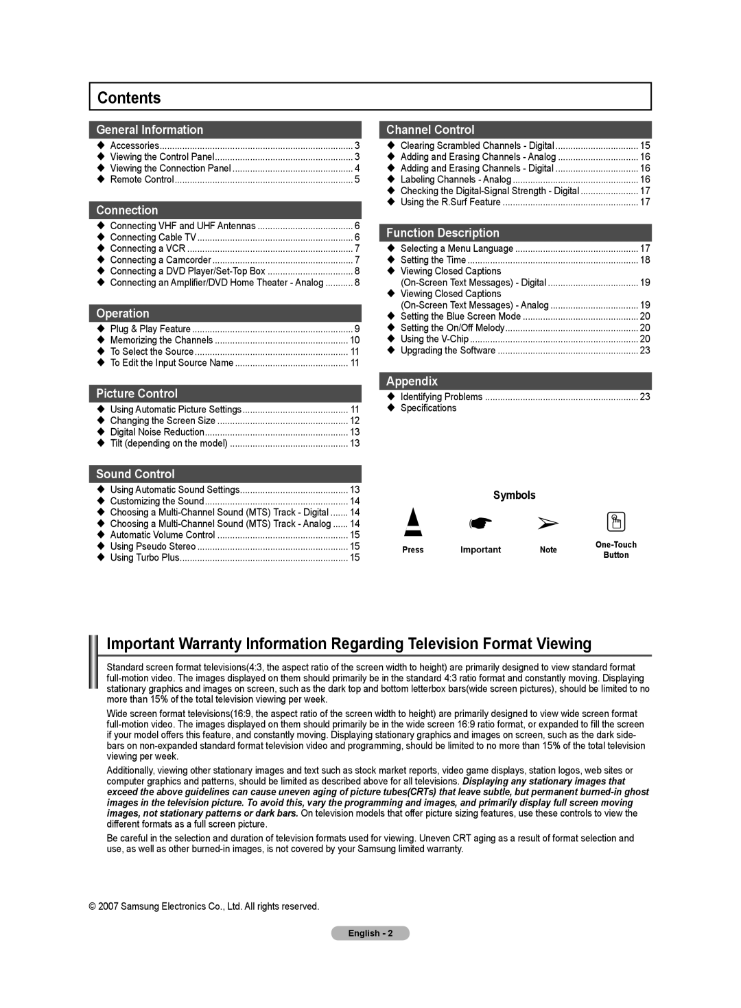 Samsung TX-T2085, TX-T2782, TX-T2082 specifications Contents 