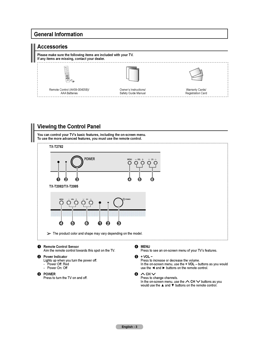 Samsung TX-T2782 General Information Accessories, Viewing the Control Panel, Remote Control Sensor, Power Off Red 