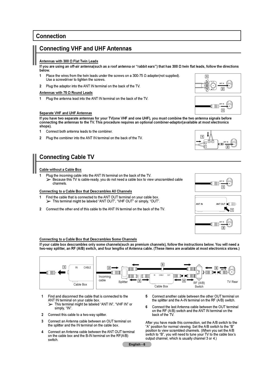 Samsung TX-T2782, TX-T2085, TX-T2082 specifications Connection Connecting VHF and UHF Antennas, Connecting Cable TV 