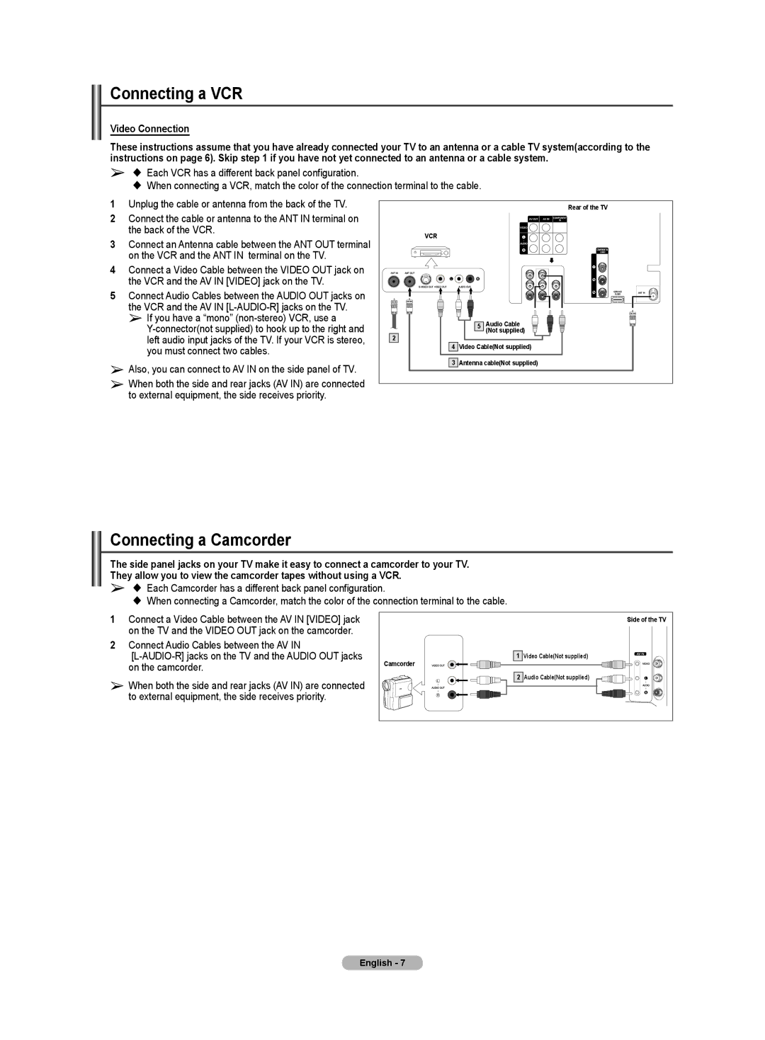 Samsung TX-T2082, TX-T2085, TX-T2782 specifications Connecting a VCR, Connecting a Camcorder, Video Connection 