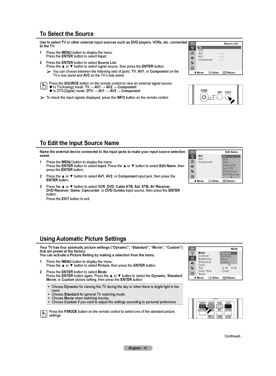 Samsung TX-T2781 manual To Select the Source, To Edit the Input Source Name, Using Automatic Picture Settings, Dynamic 