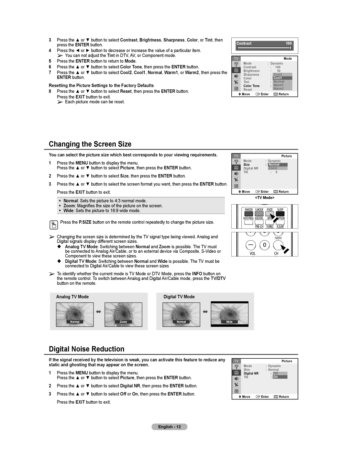 Samsung TX-T2781 Changing the Screen Size, Digital Noise Reduction, Resetting the Picture Settings to the Factory Defaults 