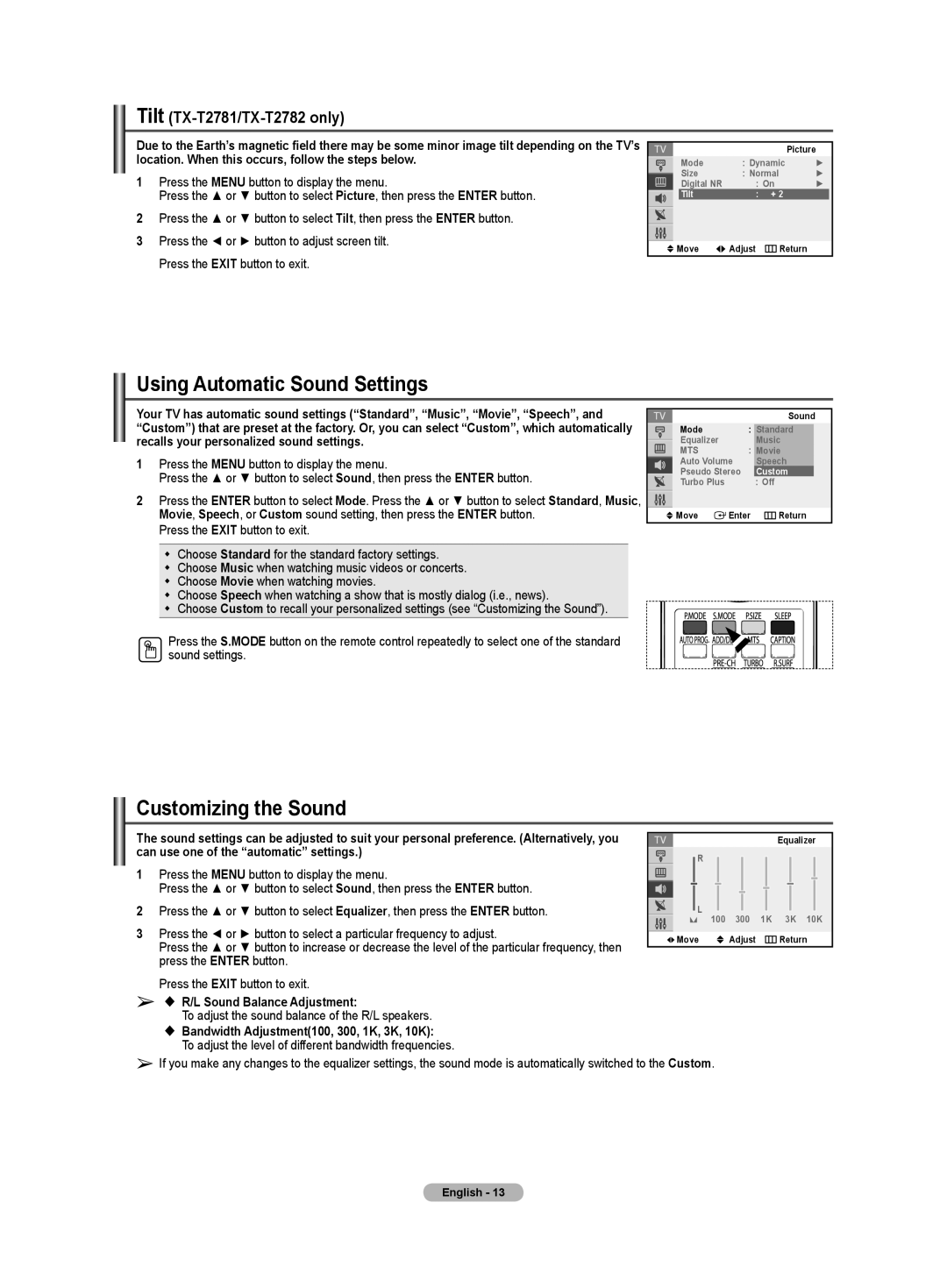 Samsung TX-T2781 manual Using Automatic Sound Settings, Customizing the Sound 