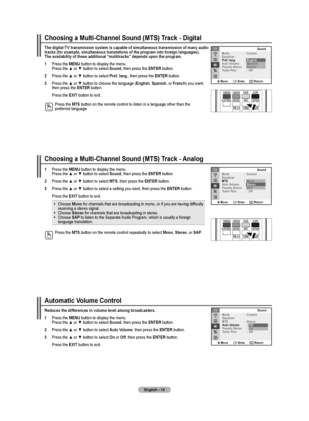 Samsung TX-T2781 manual Choosing a Multi-Channel Sound MTS Track Digital, Choosing a Multi-Channel Sound MTS Track Analog 