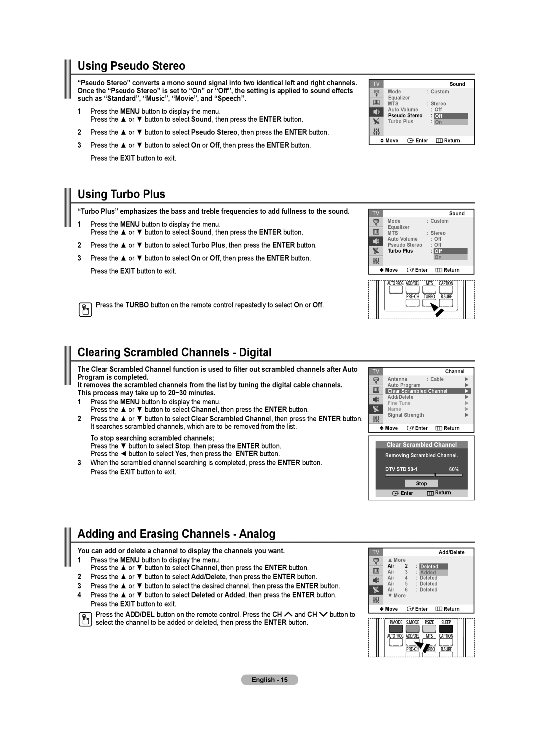 Samsung TX-T2781 manual Using Pseudo Stereo, Using Turbo Plus, Clearing Scrambled Channels Digital 