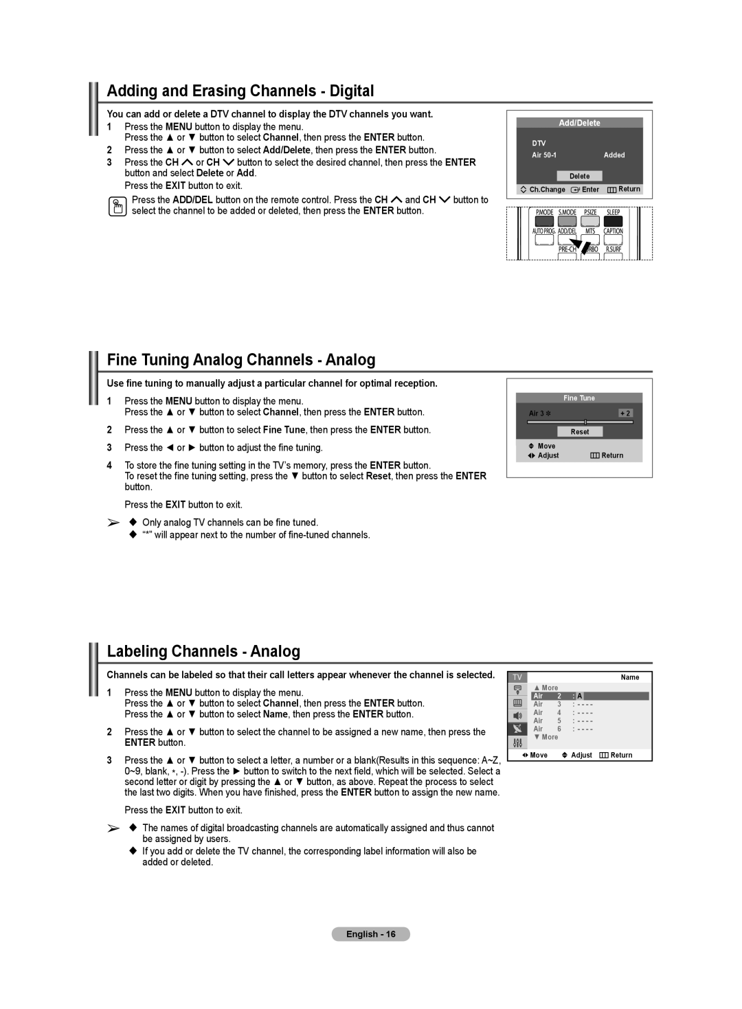 Samsung TX-T2781 manual Adding and Erasing Channels Digital, Fine Tuning Analog Channels Analog, Labeling Channels Analog 