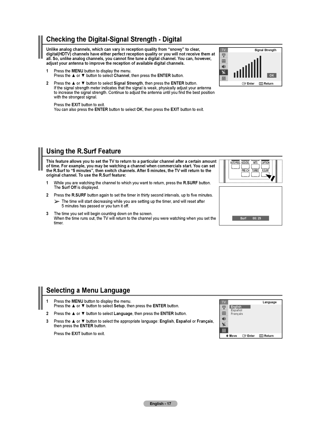 Samsung TX-T2781 manual Checking the Digital-Signal Strength Digital, Using the R.Surf Feature, Selecting a Menu Language 