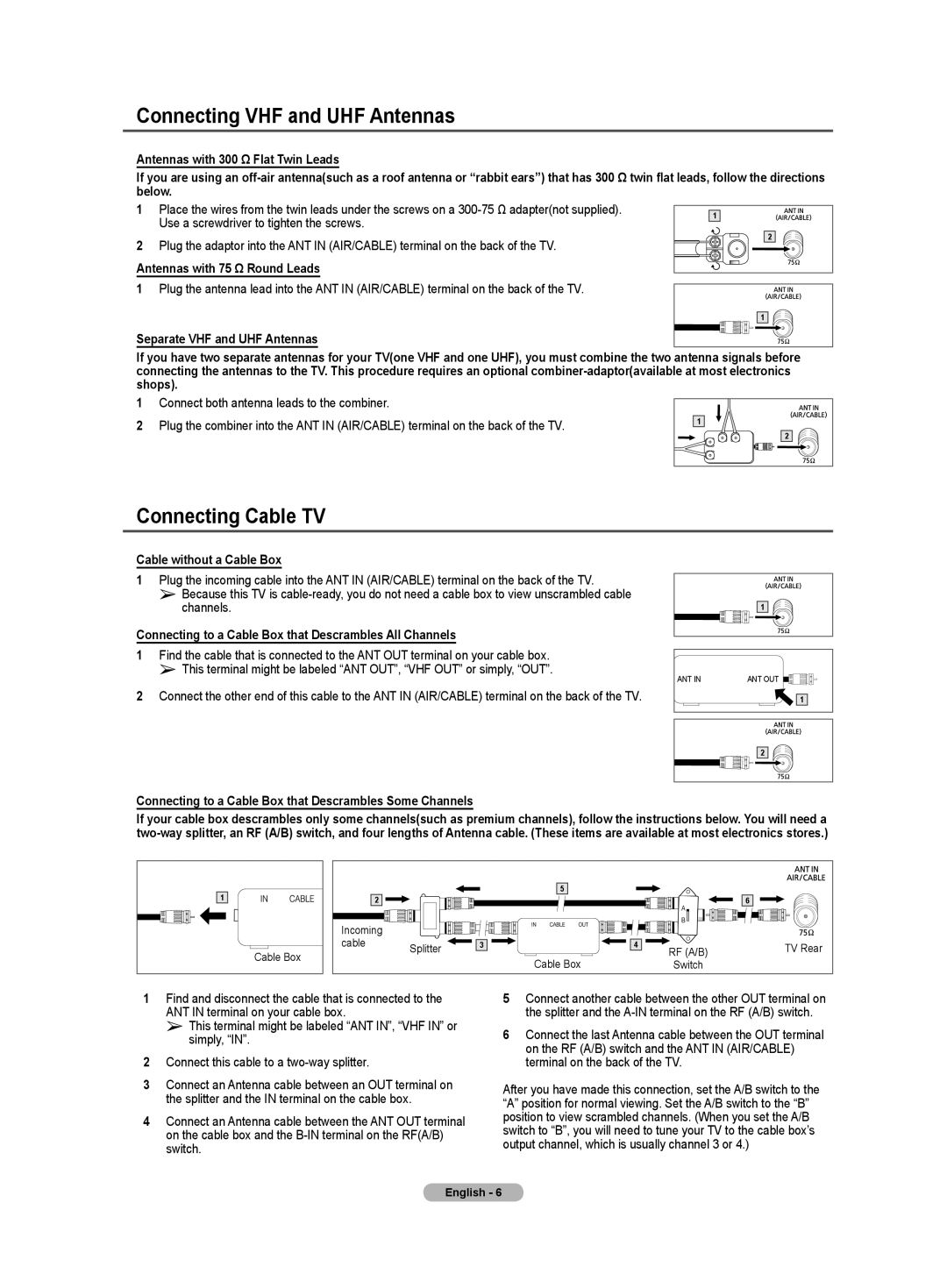 Samsung TX-T2781 manual Connecting VHF and UHF Antennas, Connecting Cable TV 