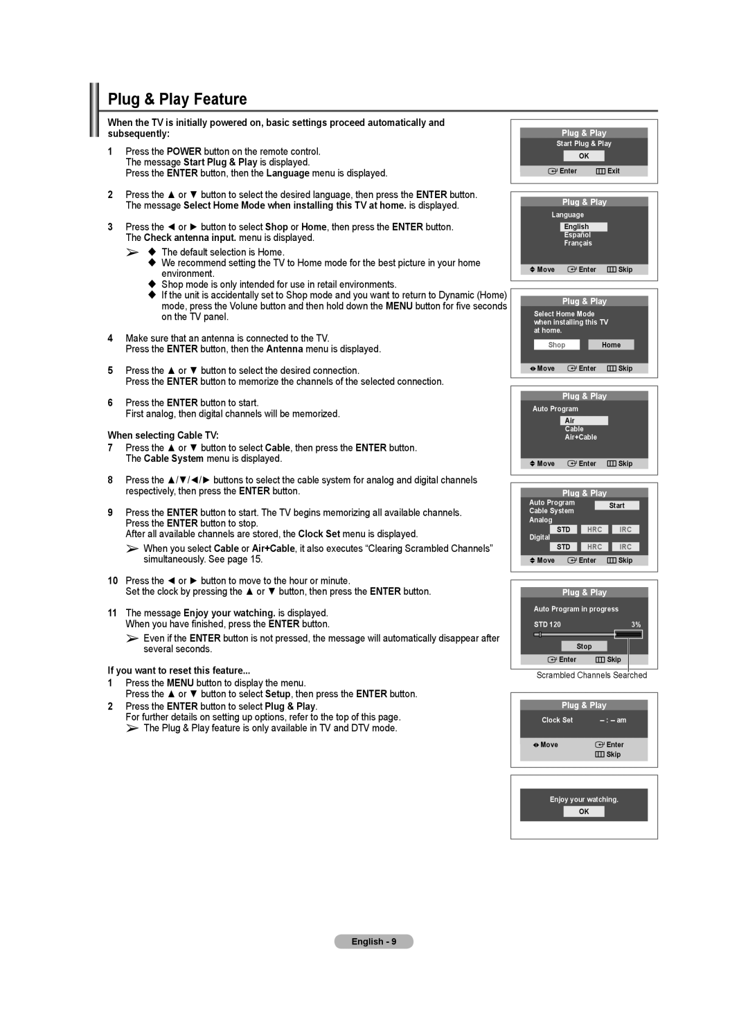 Samsung TX-T2781 Plug & Play Feature, Press the Enter button, then the Language menu is displayed, When selecting Cable TV 