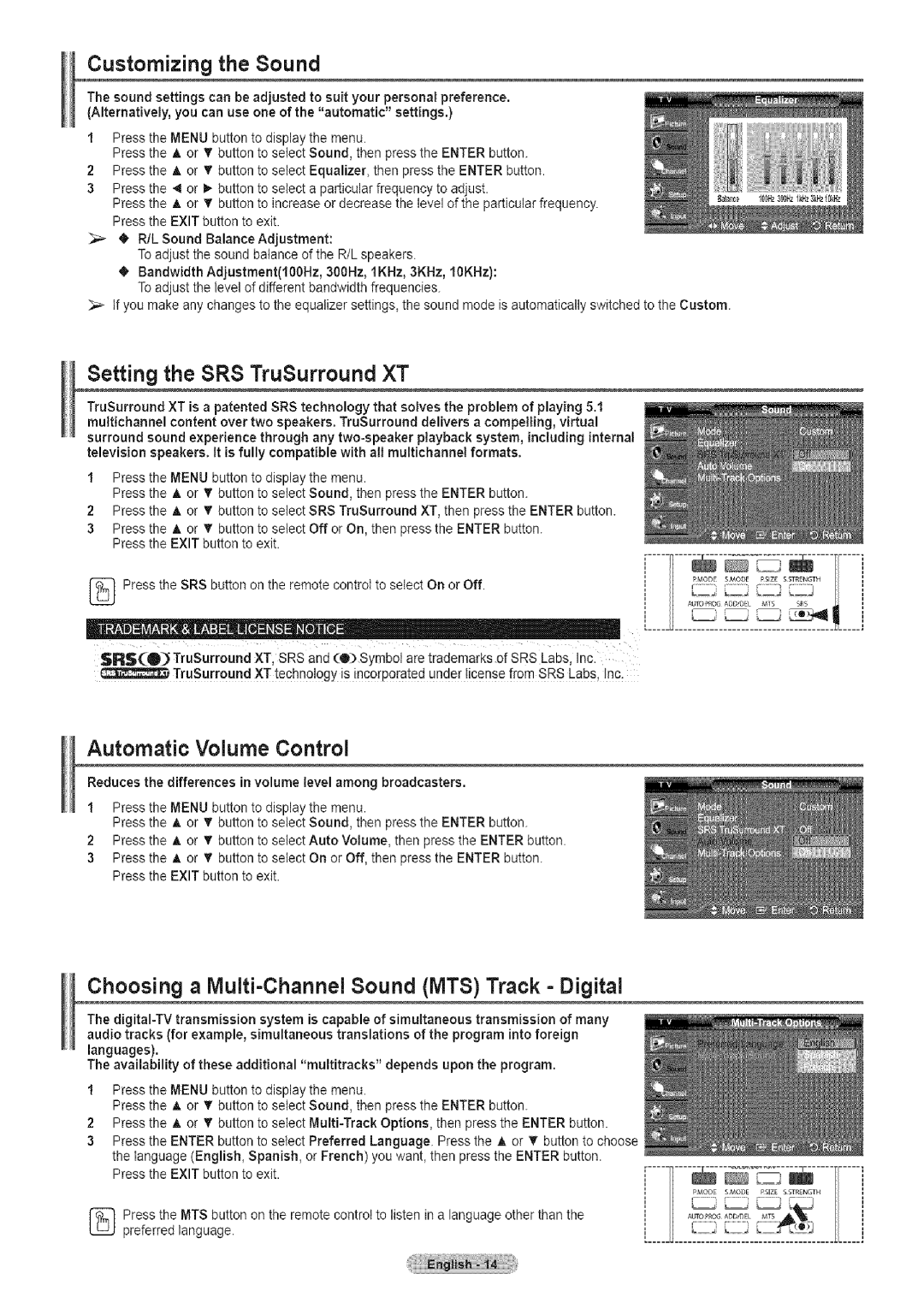 Samsung TX-T2791H Customizing the Sound, Automatic Volume Control, Choosing a IVlulti-Channel Sound MTS Track = Digital 