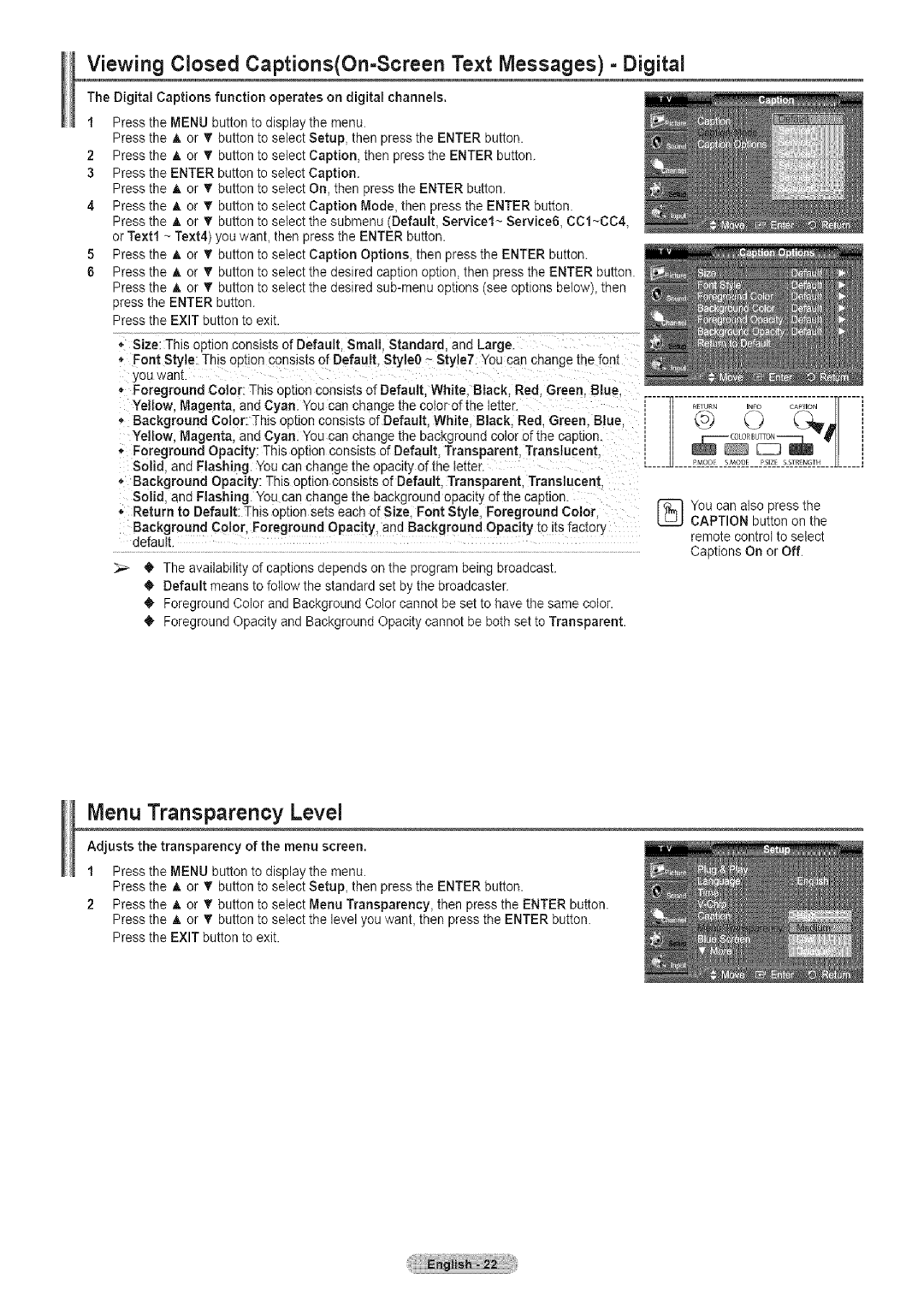 Samsung TX-T2791H manual Viewing Closed CaptionsOn=Screen Text Messages Digital, Menu Transparency Level 