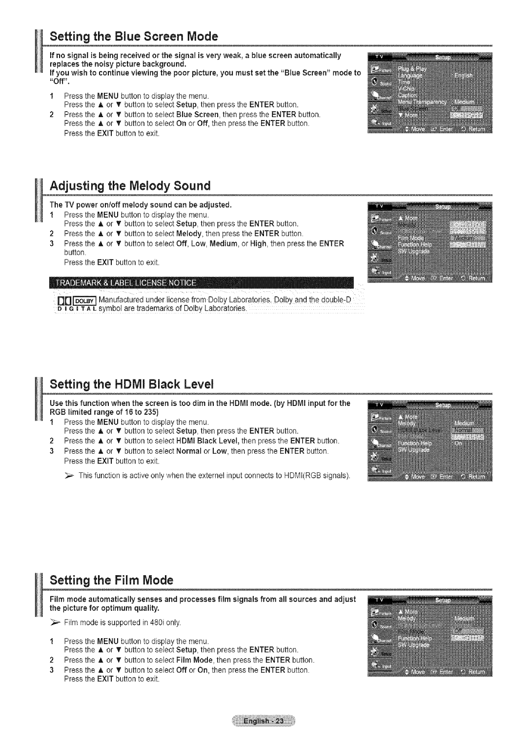 Samsung TX-T2791H manual Setting the Blue Screen Mode, Adjusting the Melody Sound, Setting the Film Mode 