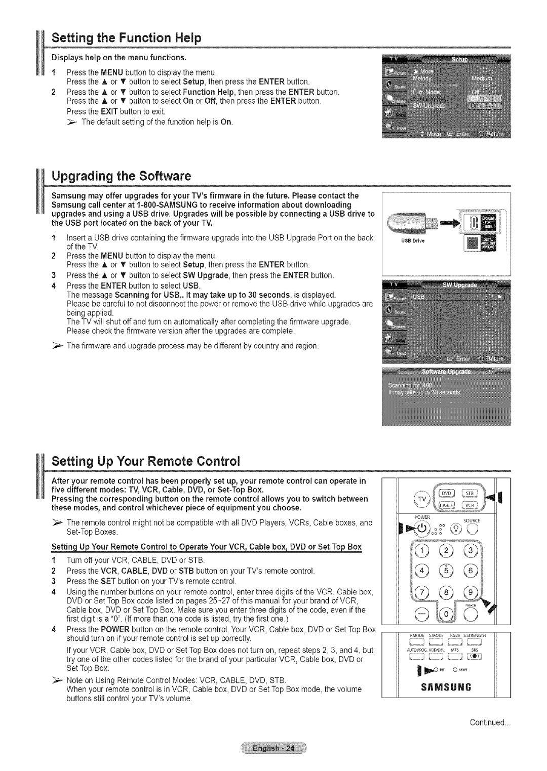 Samsung TX-T2791H manual Setting the Function Help, Upgrading the Software, Setting Up Your Remote Control 