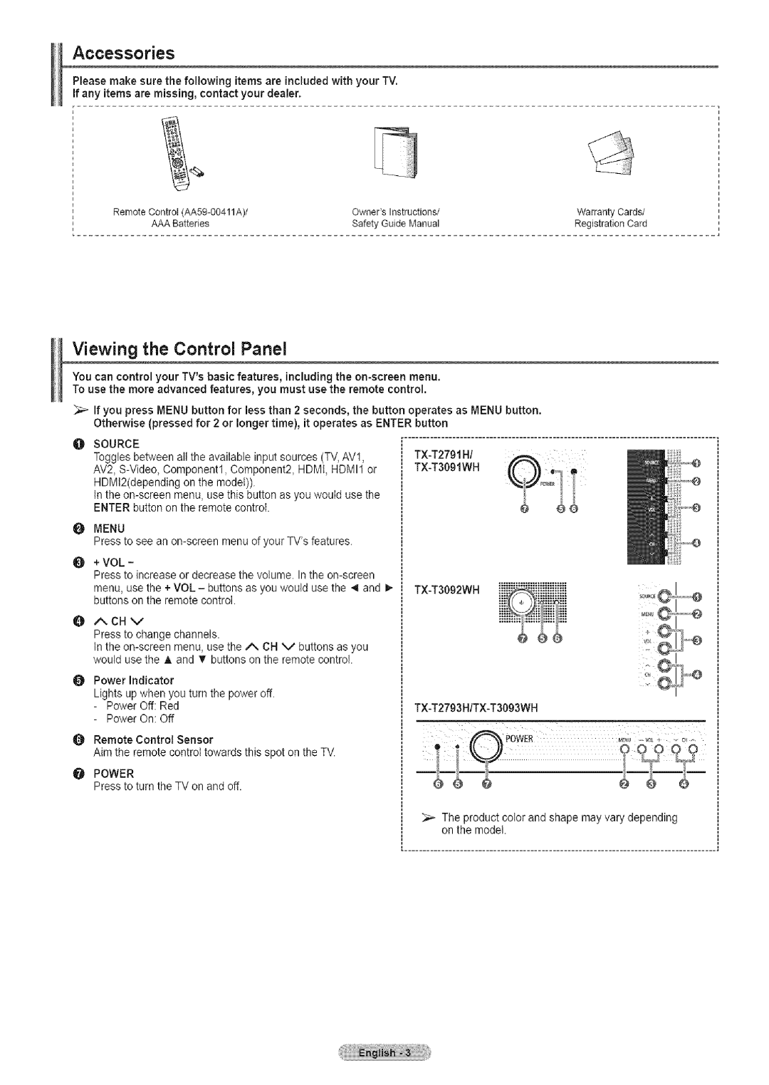 Samsung TX-T2791H manual Accessories, Viewing the Control Panel 