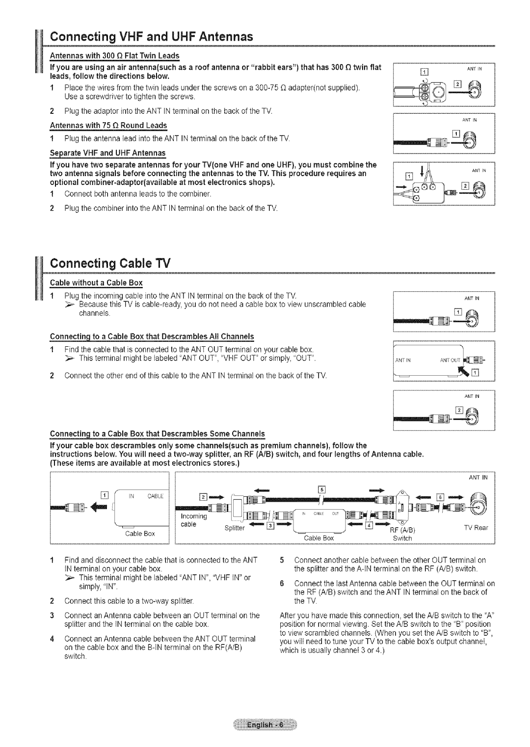 Samsung TX-T2791H manual Connecting VHF and UHF Antennas, Connecting Cable TV, Tv R, Rfa/B 