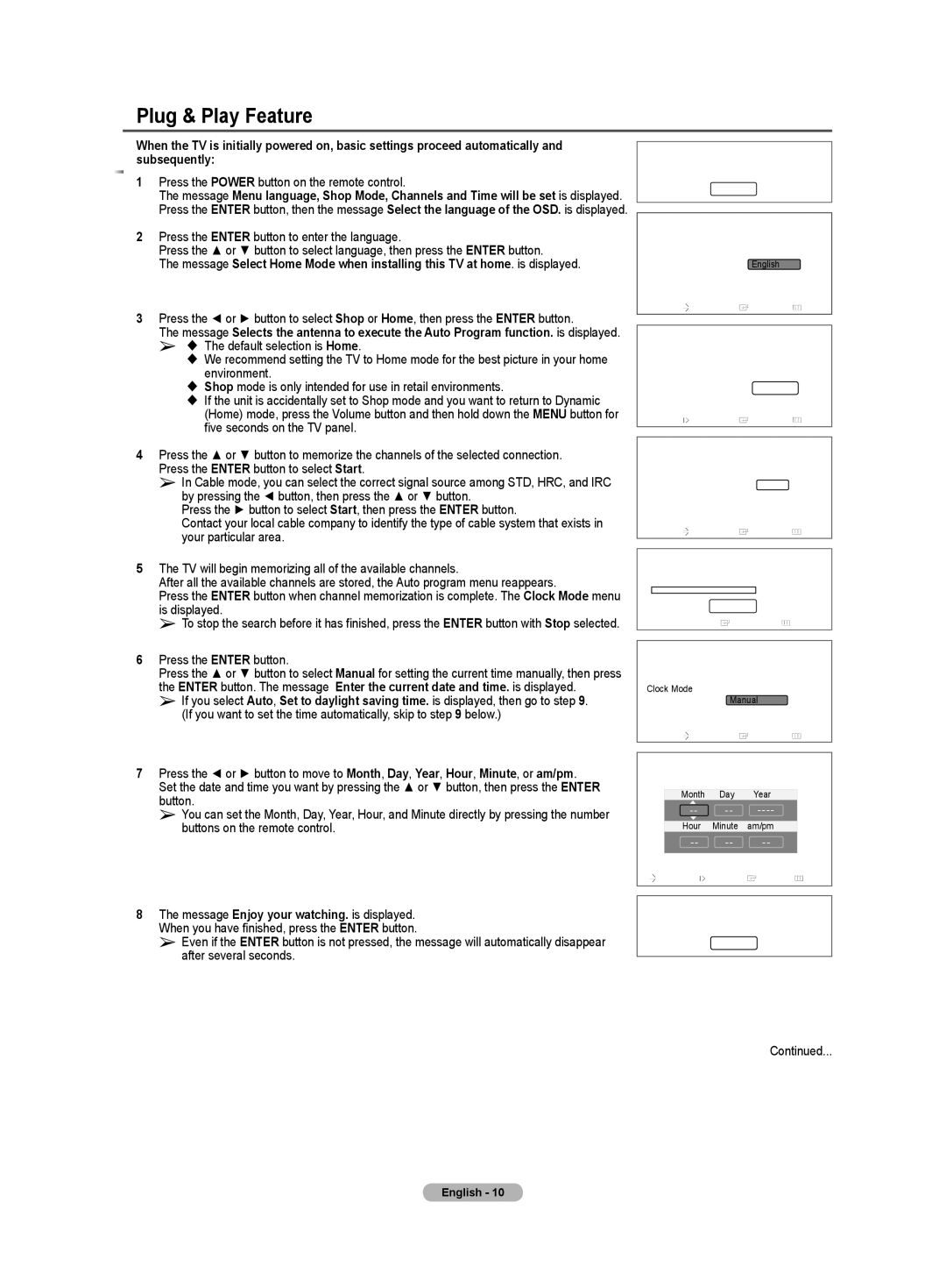 Samsung TX-T3091WH Plug & Play Feature, Press the Power button on the remote control, Press the Enter button, ShopHome 