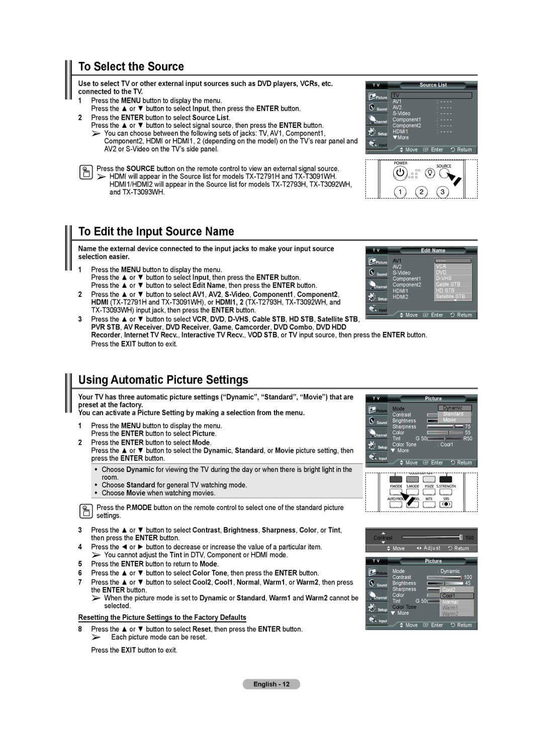 Samsung TX-T3091WH To Select the Source, To Edit the Input Source Name, Using Automatic Picture Settings, Selection easier 