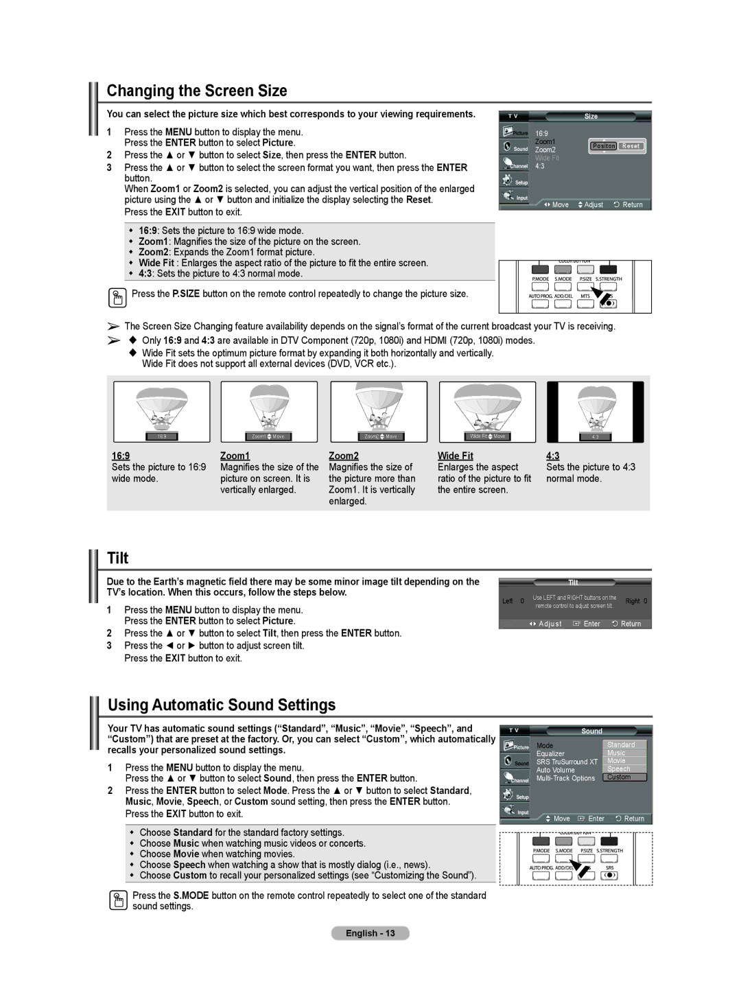 Samsung TX-T3091WH specifications Changing the Screen Size, Tilt, Using Automatic Sound Settings, Zoom1 Zoom2 Wide Fit 