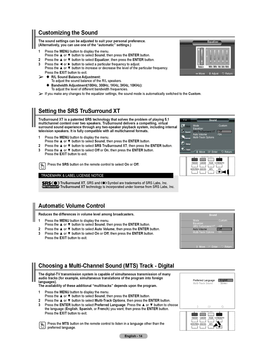 Samsung TX-T3091WH specifications Customizing the Sound, Setting the SRS TruSurround XT, Automatic Volume Control 