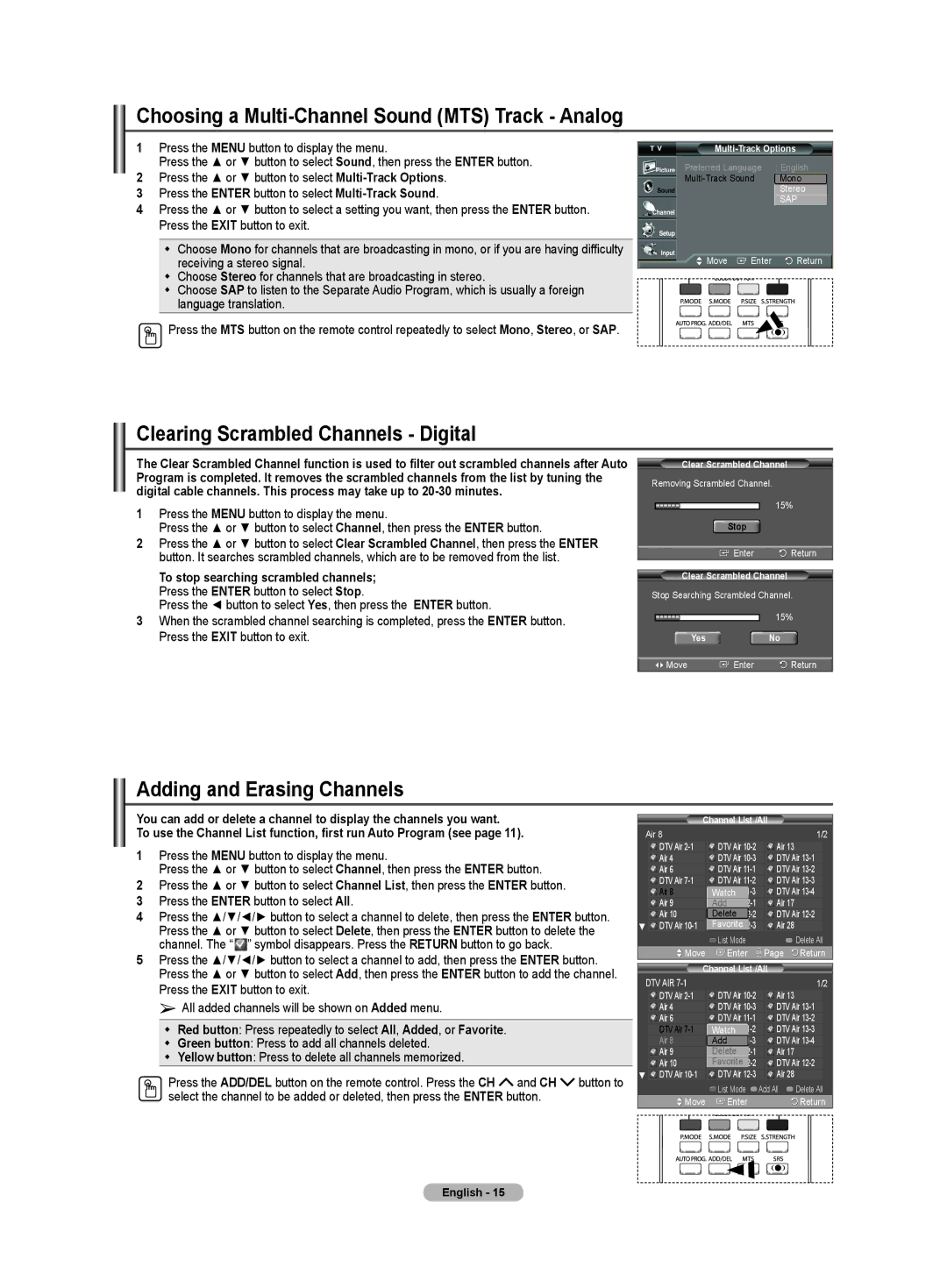 Samsung TX-T3091WH specifications Choosing a Multi-Channel Sound MTS Track Analog, Clearing Scrambled Channels Digital 