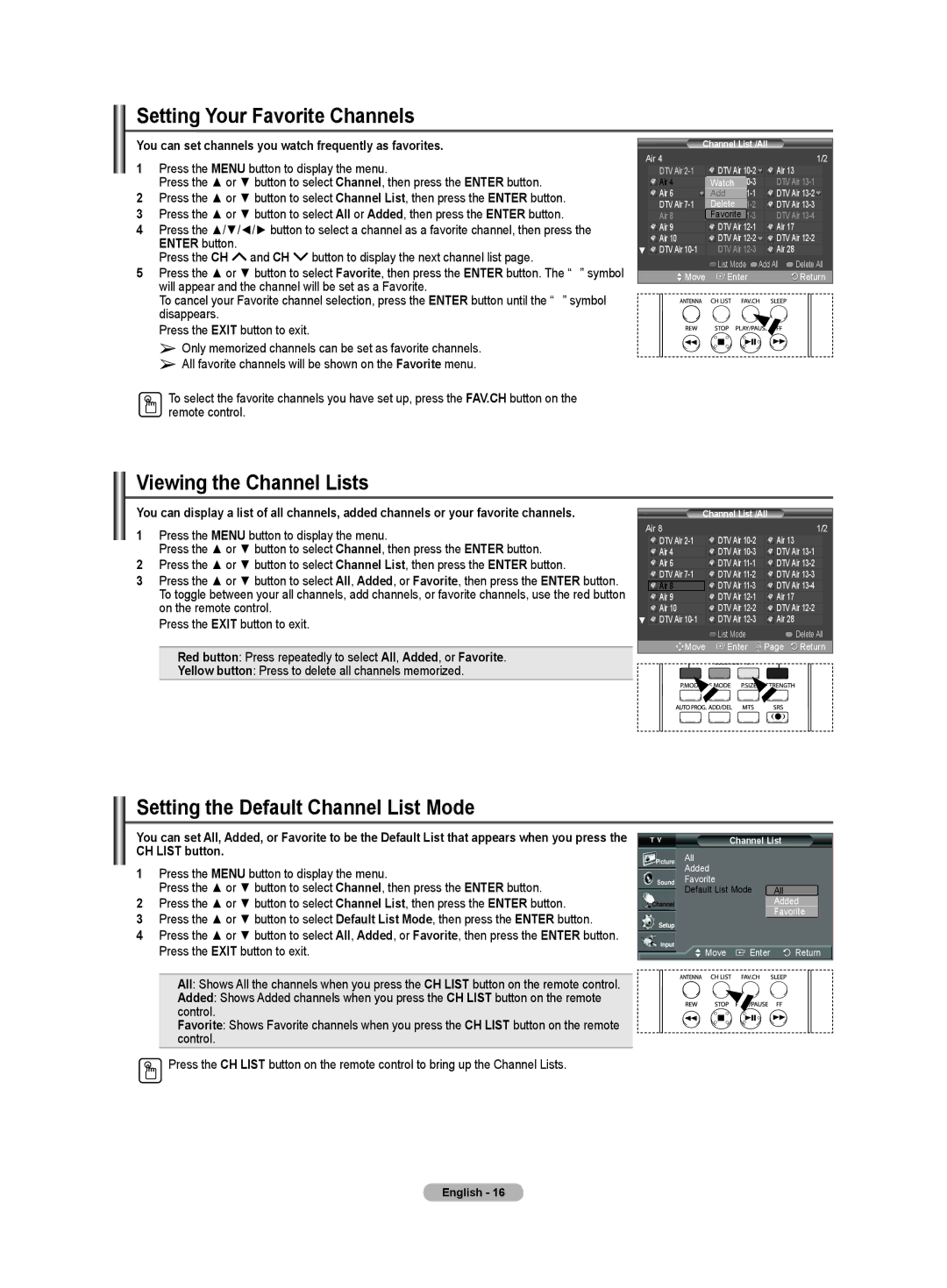 Samsung TX-T3091WH Setting Your Favorite Channels, Viewing the Channel Lists, Setting the Default Channel List Mode 