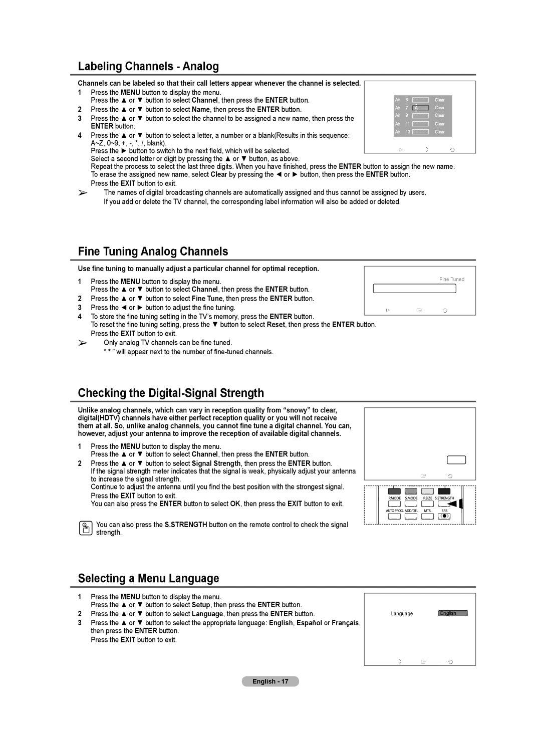 Samsung TX-T3091WH Labeling Channels Analog, Fine Tuning Analog Channels, Checking the Digital-Signal Strength 