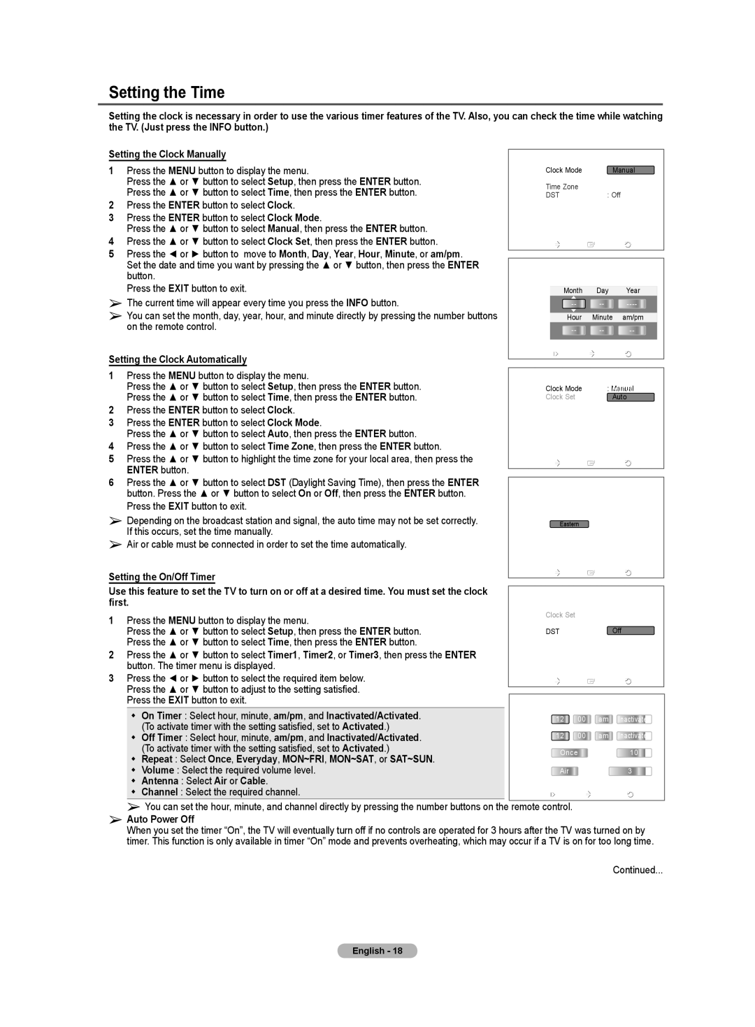 Samsung TX-T3091WH Setting the Time, Setting the On/Off Timer, First,  Antenna Select Air or Cable, Auto Power Off 