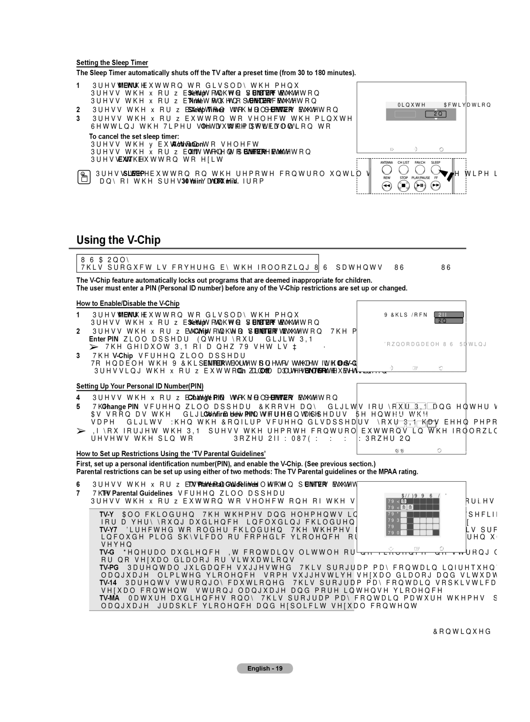 Samsung TX-T3091WH specifications Using the V-Chip, Setting the Sleep Timer, To cancel the set sleep timer 