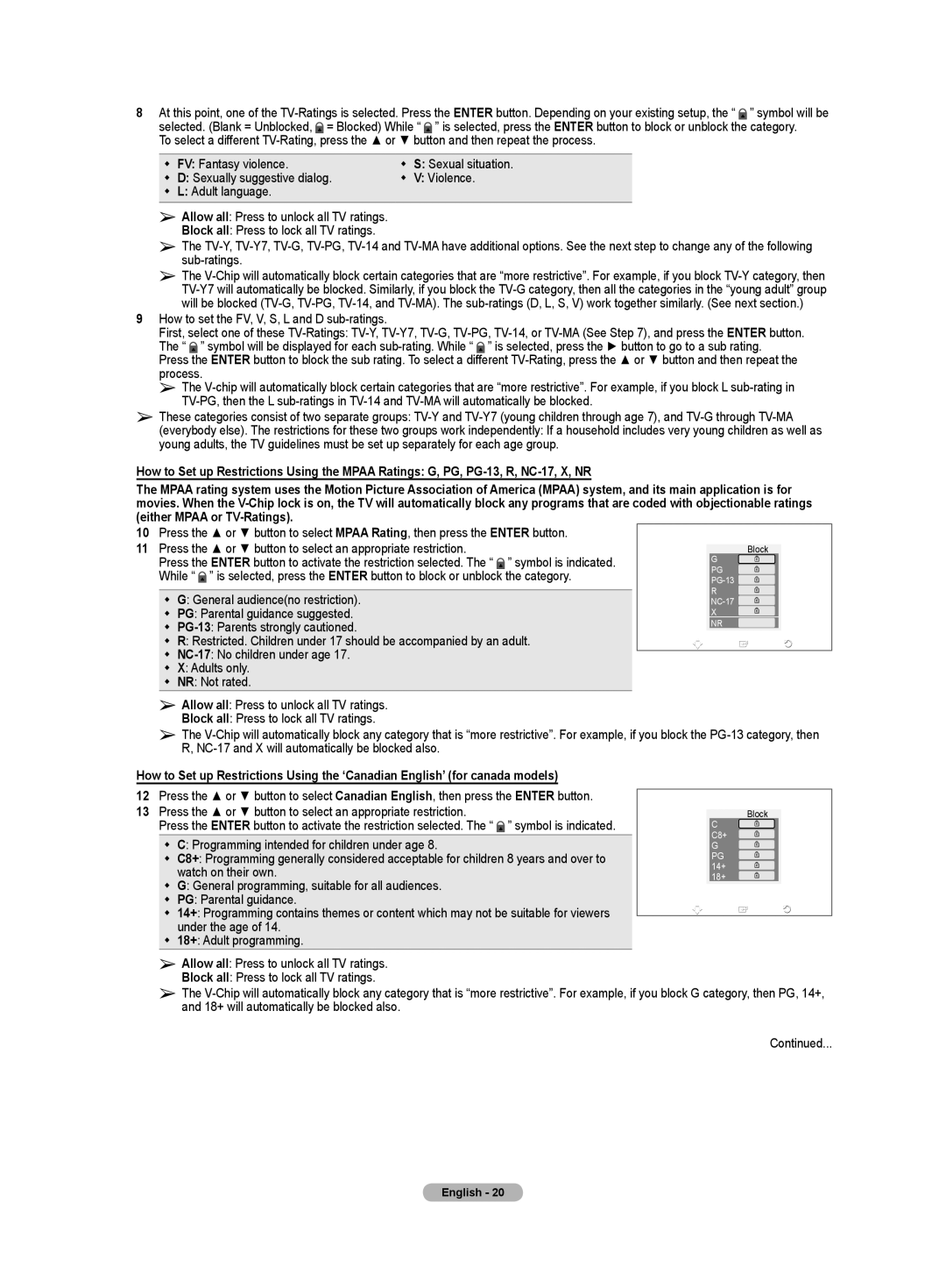 Samsung TX-T3091WH How to set the FV, V, S, L and D sub-ratings, Press the or button to select an appropriate restriction 