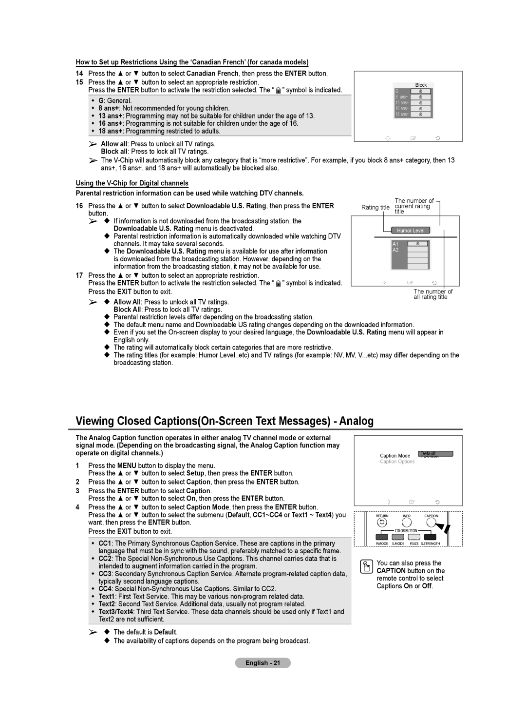 Samsung TX-T3091WH Viewing Closed CaptionsOn-Screen Text Messages Analog,  Allow All Press to unlock all TV ratings 