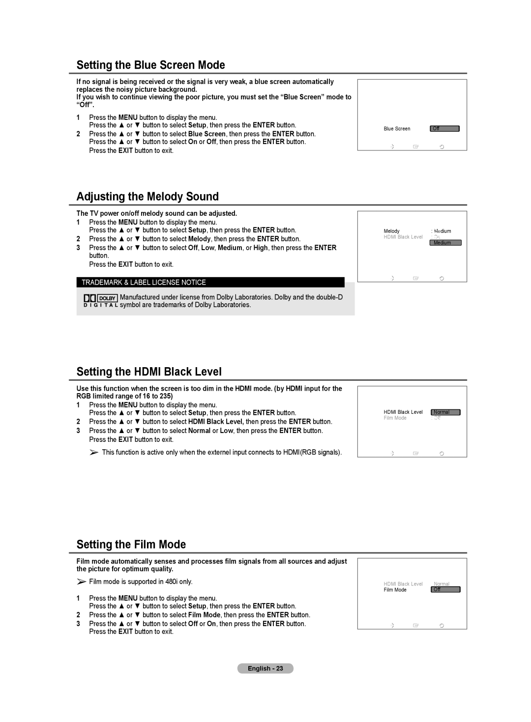 Samsung TX-T3091WH specifications Setting the Blue Screen Mode, Adjusting the Melody Sound, Setting the Hdmi Black Level 