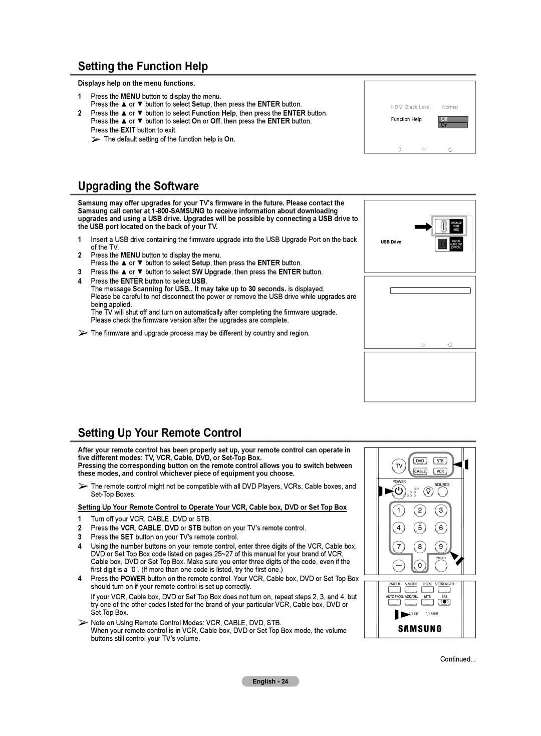 Samsung TX-T3091WH specifications Setting the Function Help, Upgrading the Software, Setting Up Your Remote Control 