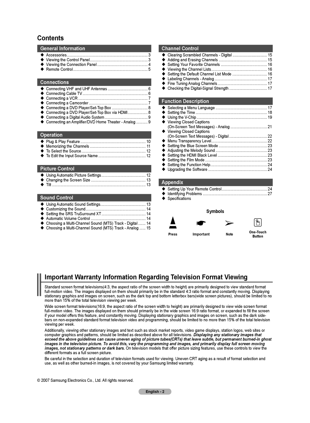 Samsung TX-T3091WH specifications Contents 