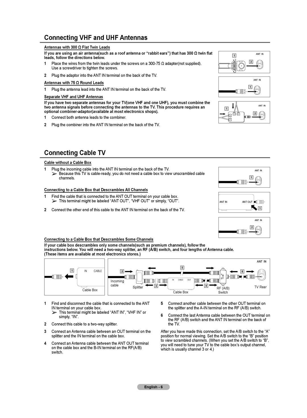 Samsung TX-T3091WH specifications Connecting VHF and UHF Antennas, Connecting Cable TV 