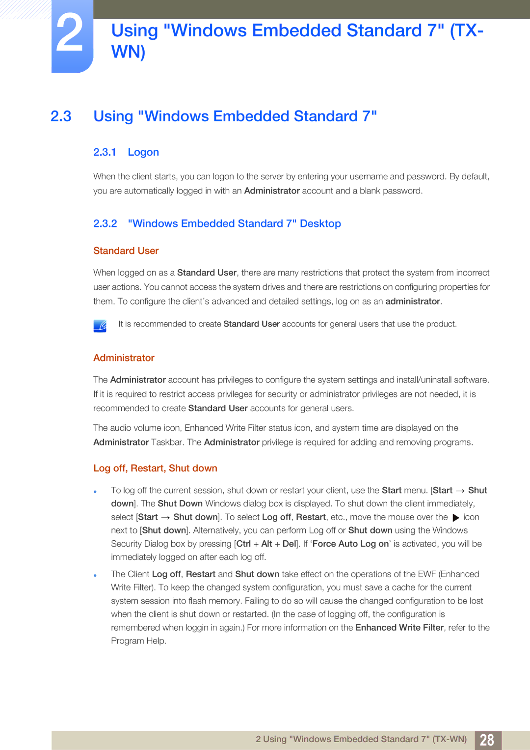 Samsung TX-WN user manual Using Windows Embedded Standard, Logon, Windows Embedded Standard 7 Desktop 