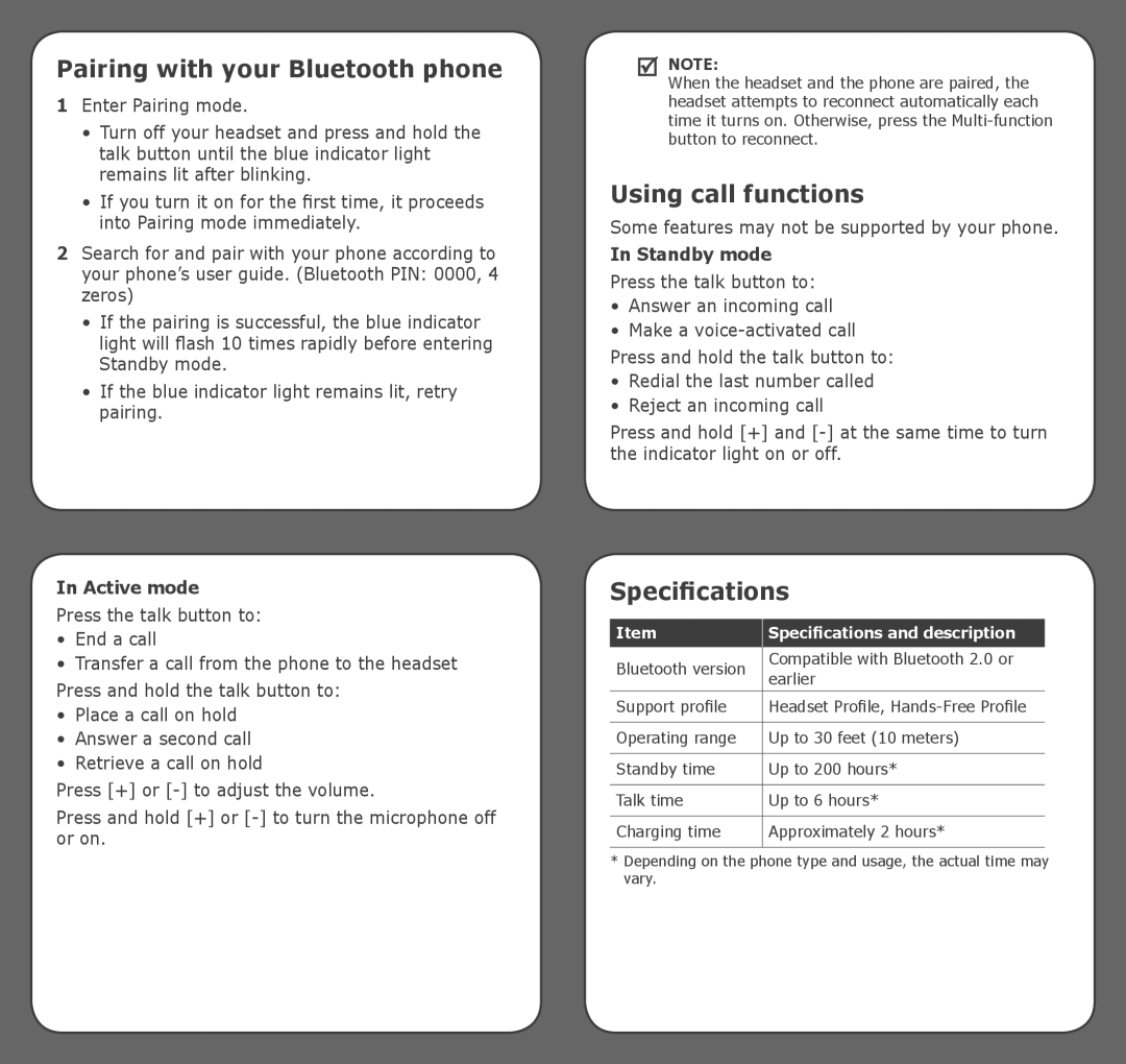 Samsung WEP450, TX75082 Pairing with your Bluetooth phone, Using call functions, Specifications, Standby mode, Active mode 