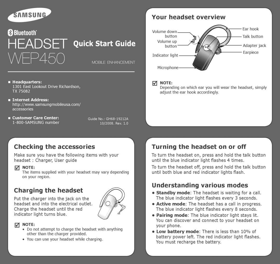 Samsung GH68-19212A, TX75082, WEP450 manual Your headset overview, Checking the accessories, Charging the headset 