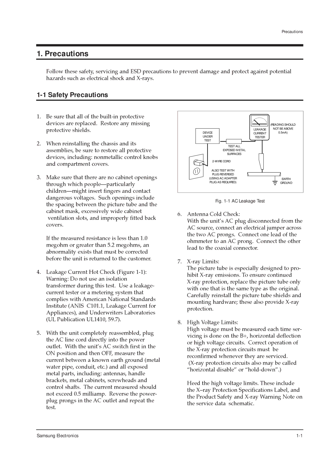 Samsung TXJ1366 specifications Safety Precautions 