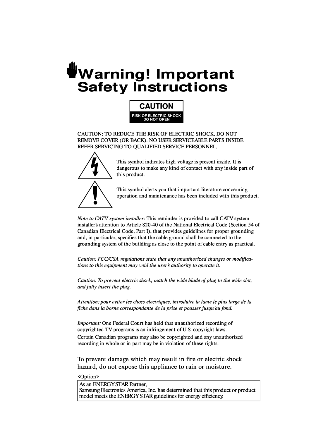 Samsung TXK 3676, TXL 3276, TXL 3676, TXK 3276 manual Warning! Important Safety Instructions, As an ENERGY STAR Partner 
