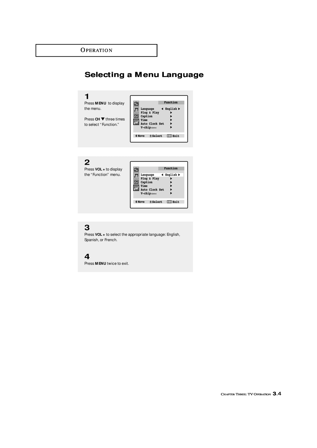 Samsung TXL 3676, TXL 3276, TXK 3676 Selecting a Menu Language, Press MENU to display the menu, Press MENU twice to exit 