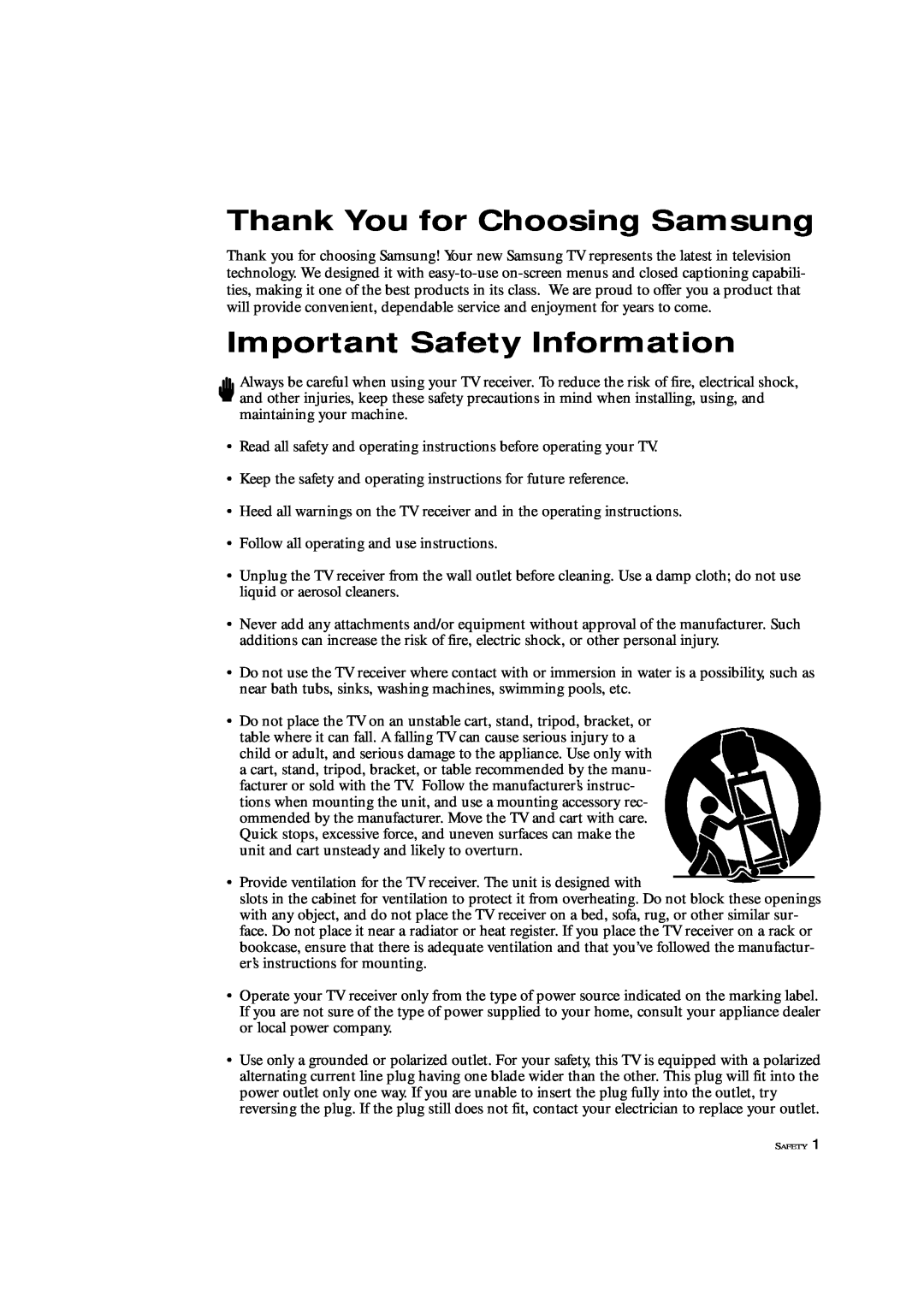 Samsung TXK 3276, TXL 3276, TXL 3676, TXK 3676 manual Thank You for Choosing Samsung, Important Safety Information 