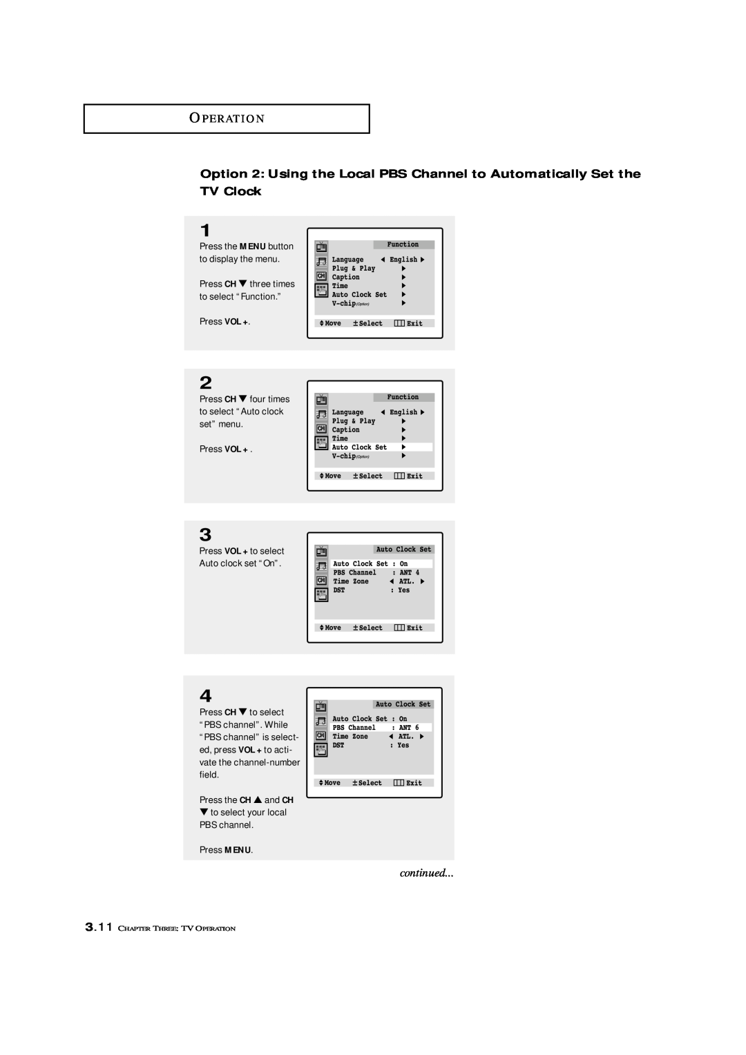 Samsung TXL 3276, TXL 3676, TXK 3676 continued, Option 2 Using the Local PBS Channel to Automatically Set the, TV Clock 